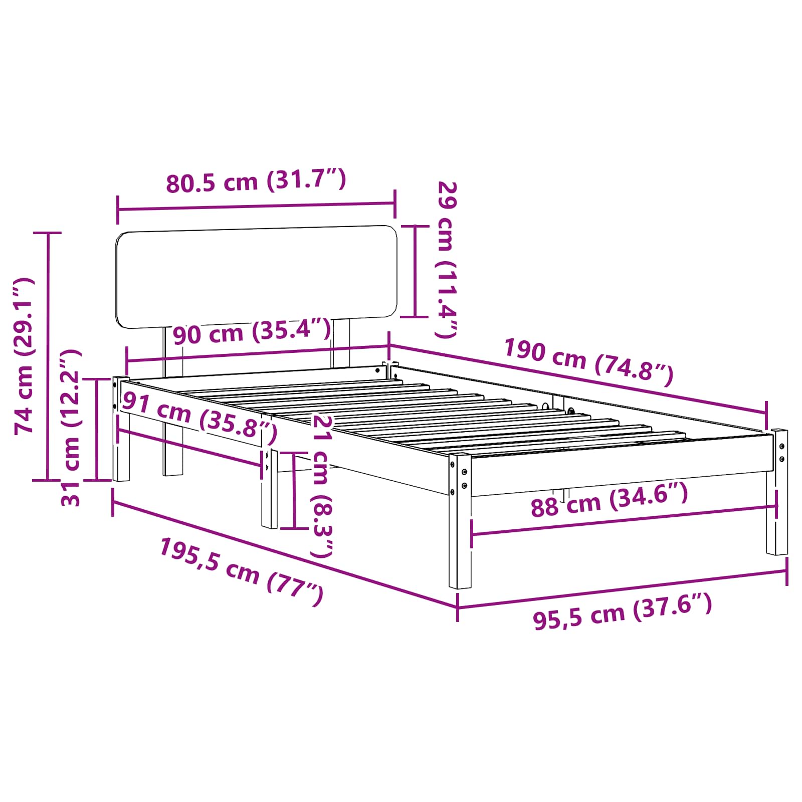 Struttura del letto Bianco 90 x 190 cm Pino massello | homemem39
