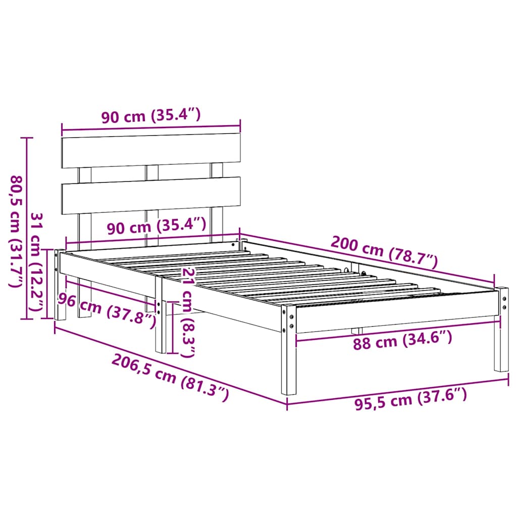 Struttura del letto Marrone 90 x 200 cm Legno massello di pino | homemem39