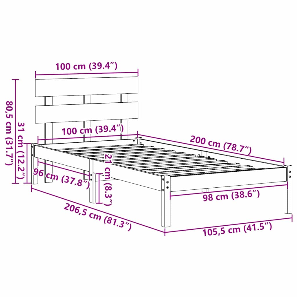 Struttura del letto Marrone 100 x 200 cm Legno massello di pino | homemem39