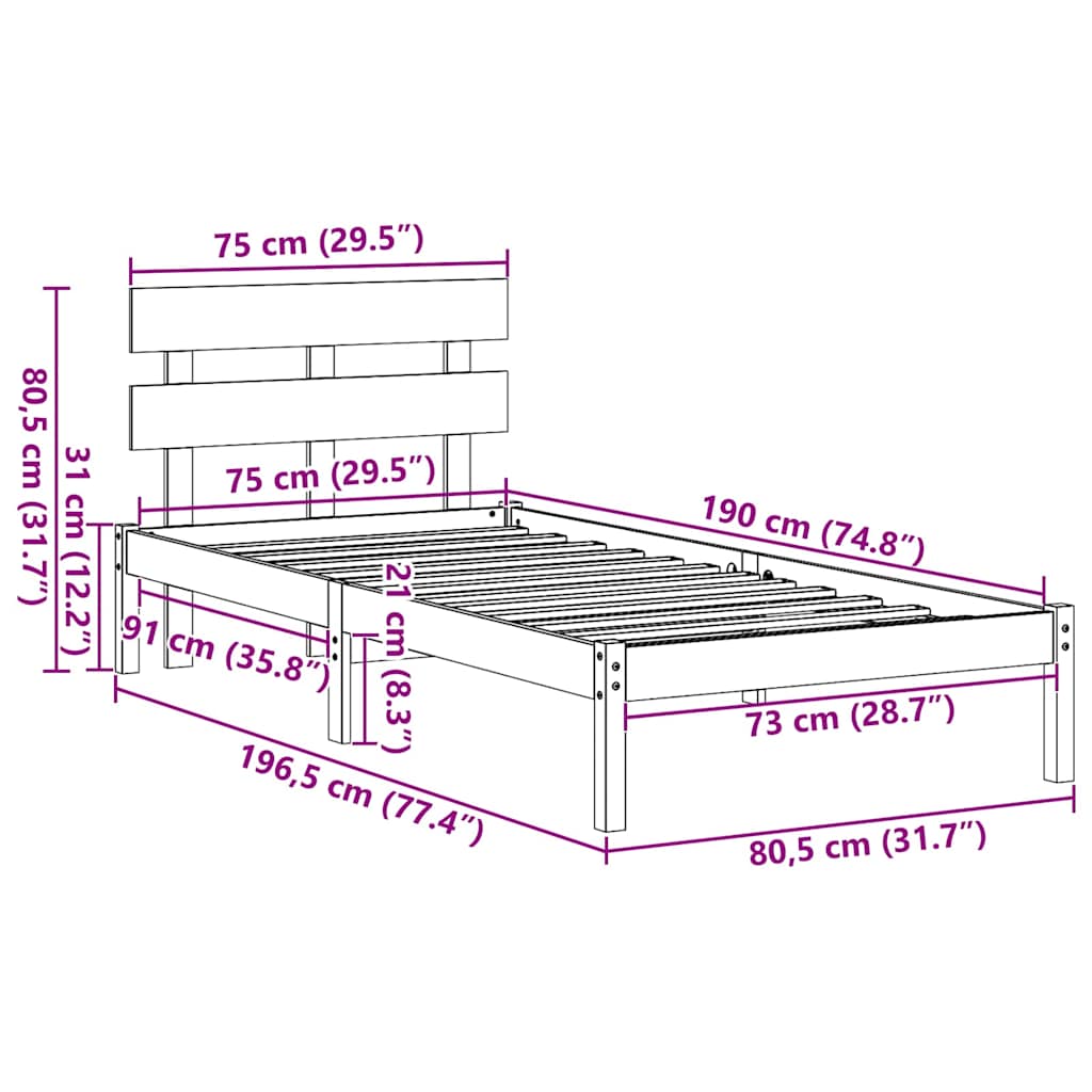 Struttura del letto Marrone 75 x 190 cm Legno massello di pino | homemem39