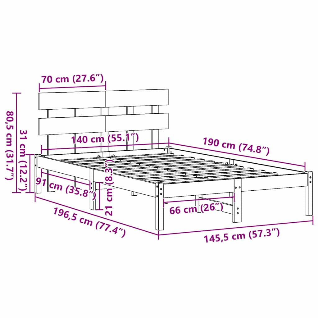 Struttura del letto Bianco 140 x 190 cm Legno massello di pino | homemem39