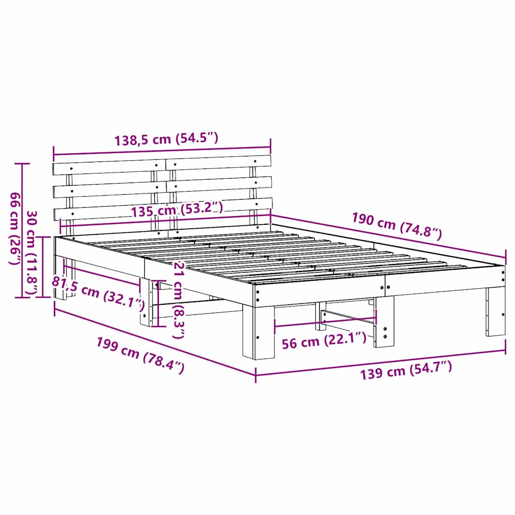 Struttura del letto Bianco 135 x 190 cm Pino massello