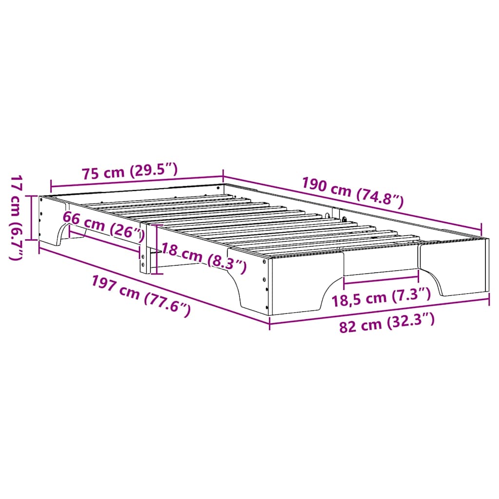 Struttura del letto Naturale 75 x 190 cm Pino massello