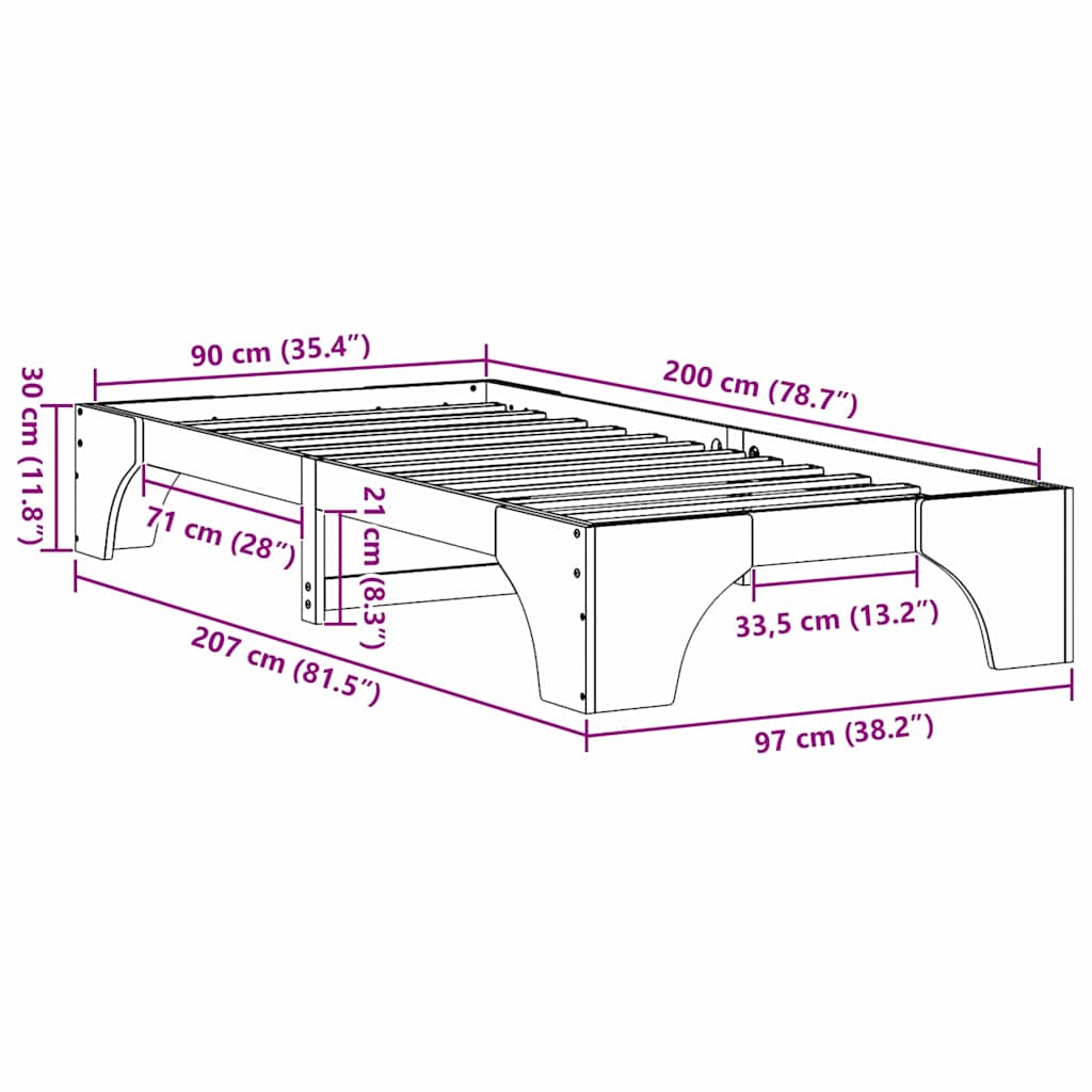 Struttura del letto Naturale 90 x 200 cm Pino massello
