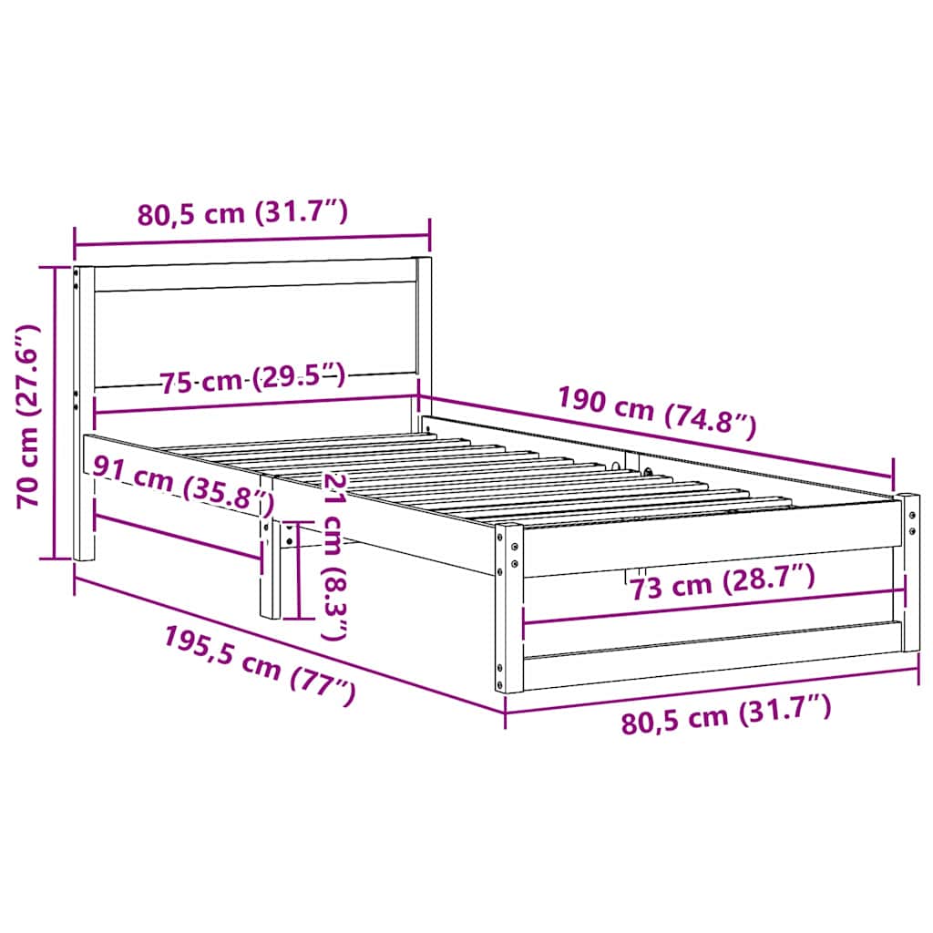 Struttura del letto Marrone cerato 75 x 190 cm Pino massello