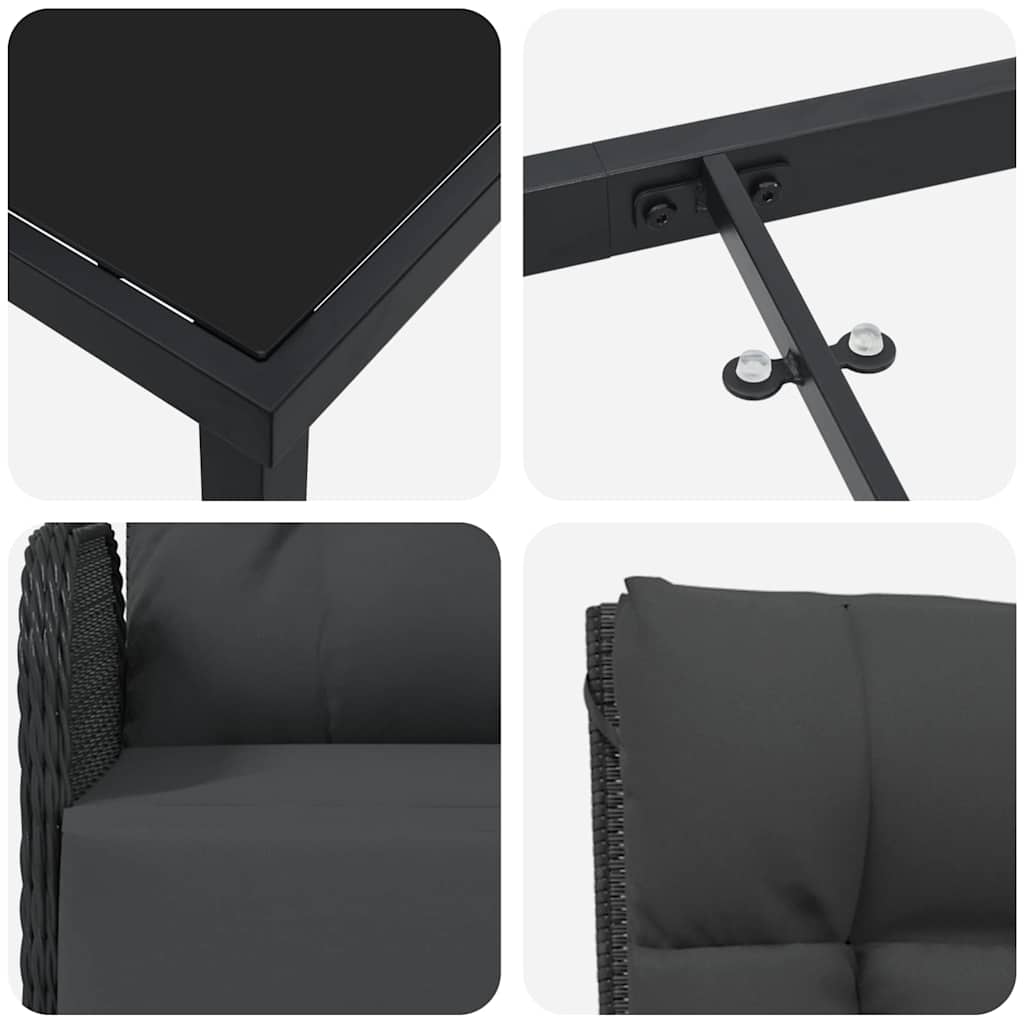 Set da Pranzo per Giardino con cuscino 3 pcs Nero Poly Rattan - homemem39