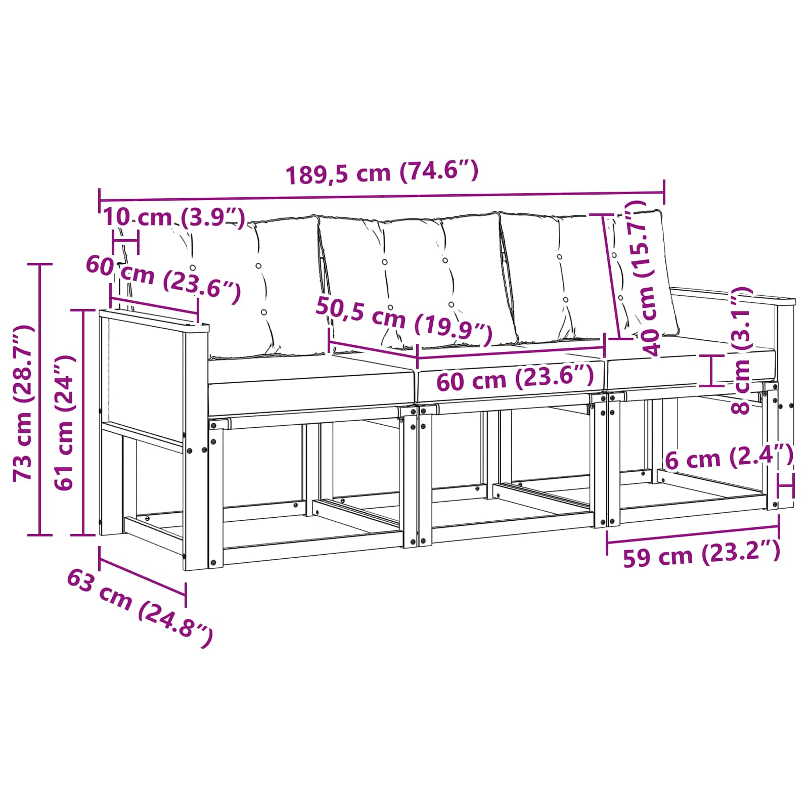 Set di divani da esterno con cuscino 3 pcs Naturale e Nero | homemem39