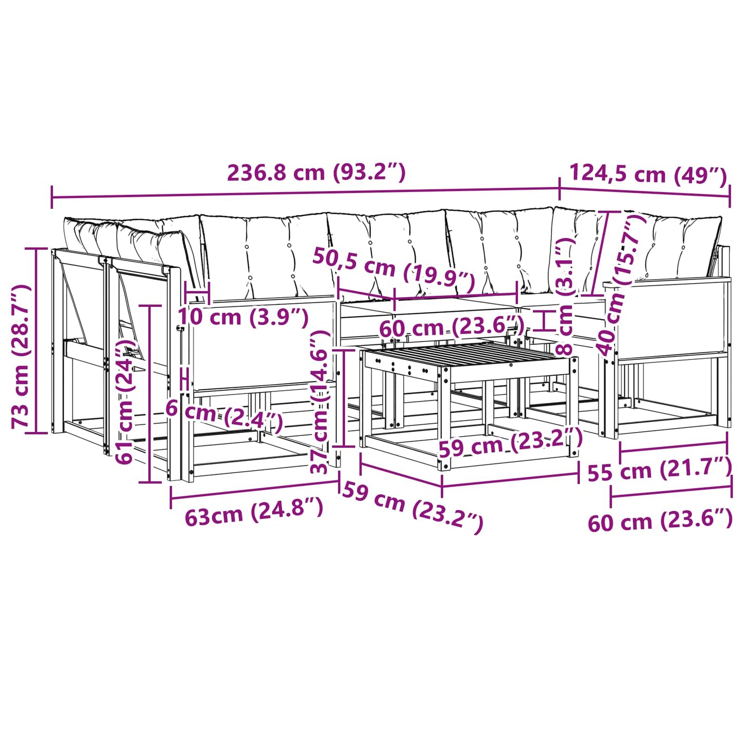 Set di divani da esterno con cuscino 7 pcs Naturale e Nero | homemem39