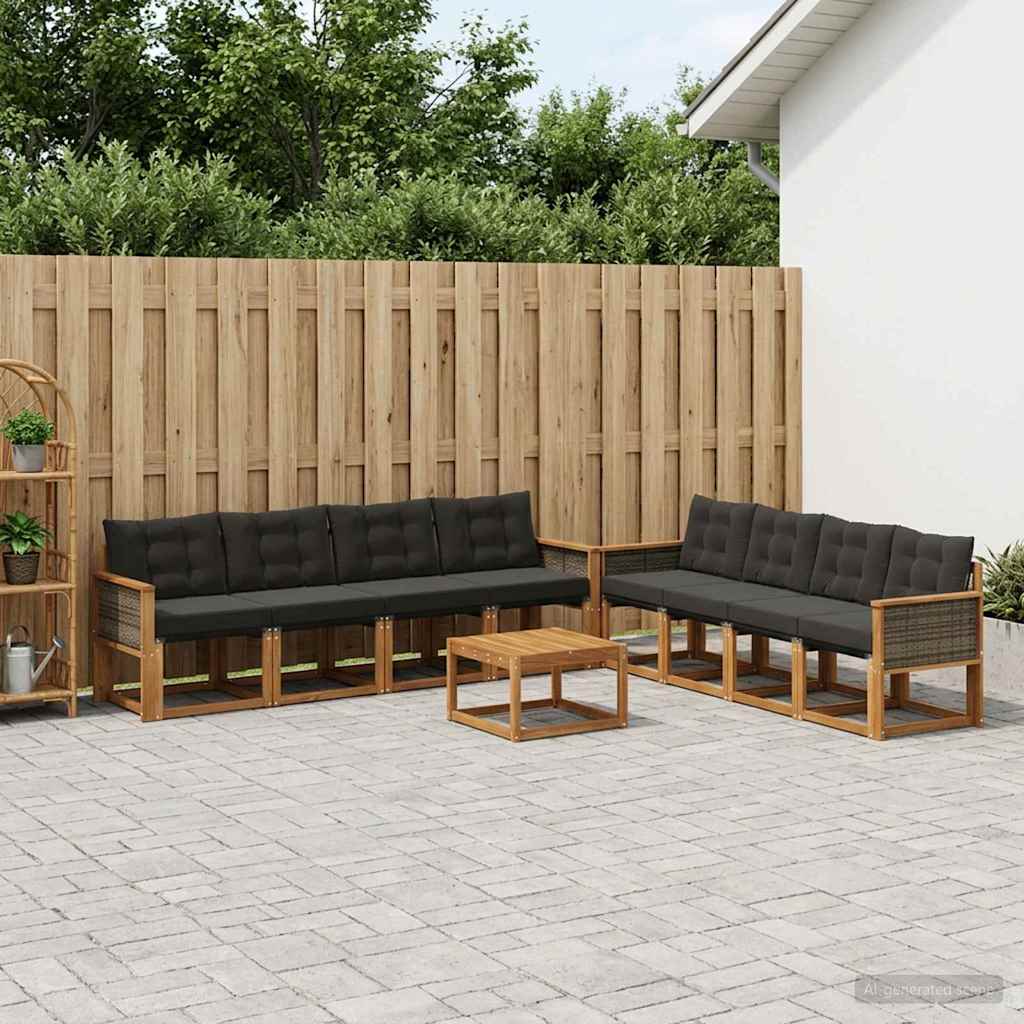 Set di divani da esterno con cuscino 9 pcs Naturale e Nero