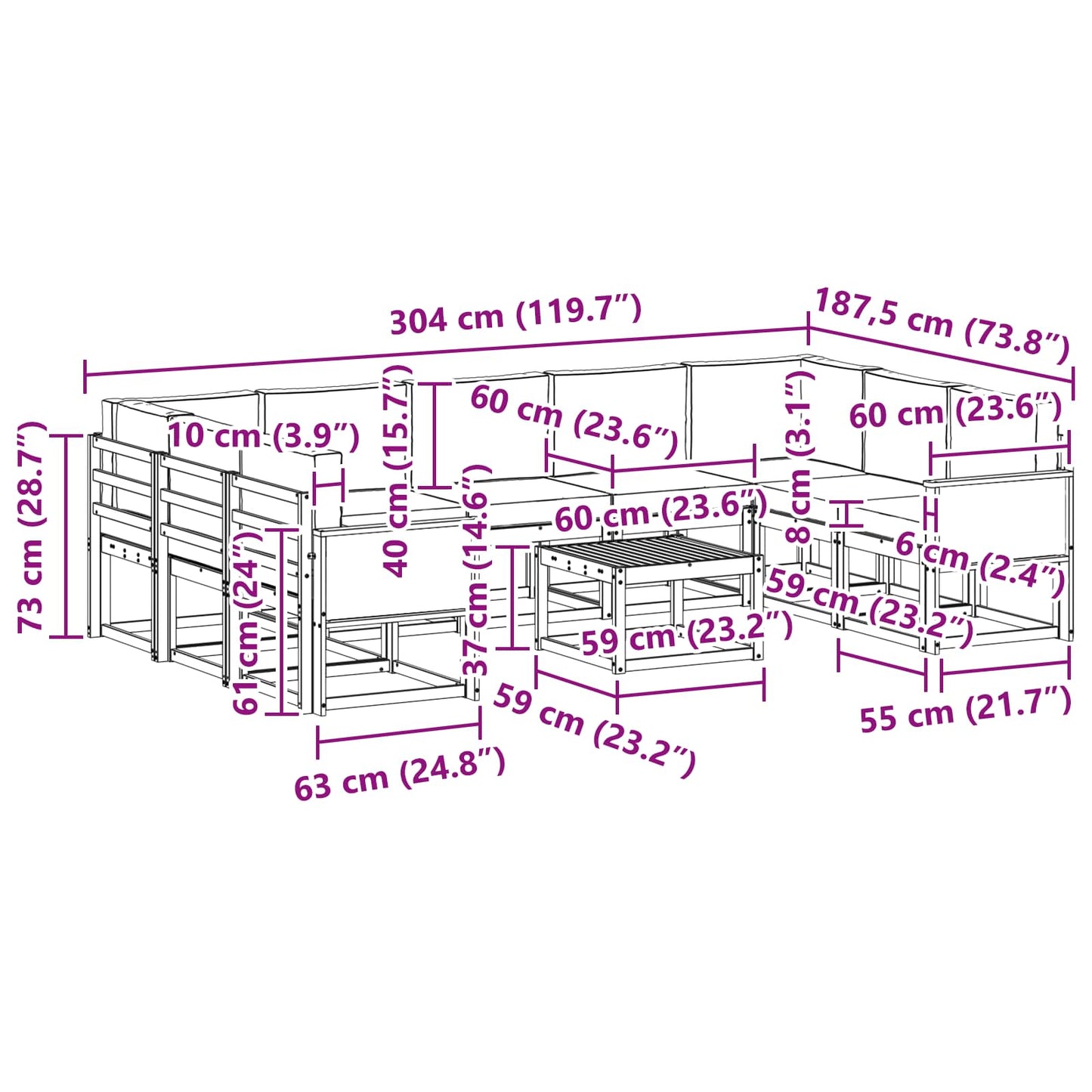 Set di divani da esterno con cuscino 10 pcs Naturale e Crema