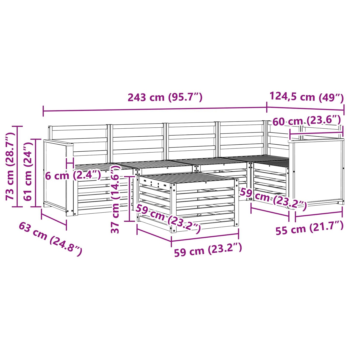 Set divano sezionale 5 pcs Naturale Legno di Acacia Massello | homemem39