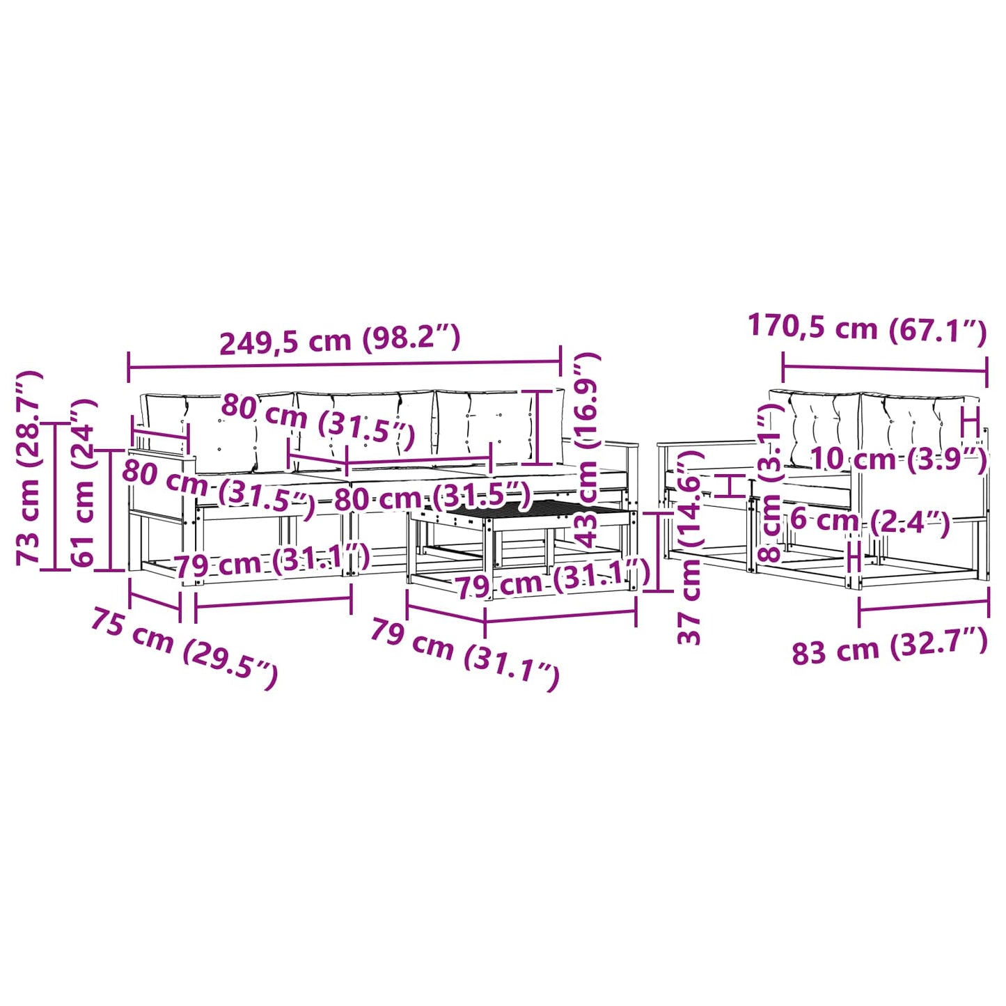 Set di divani da esterno con cuscino 6 pcs Naturale e Crema