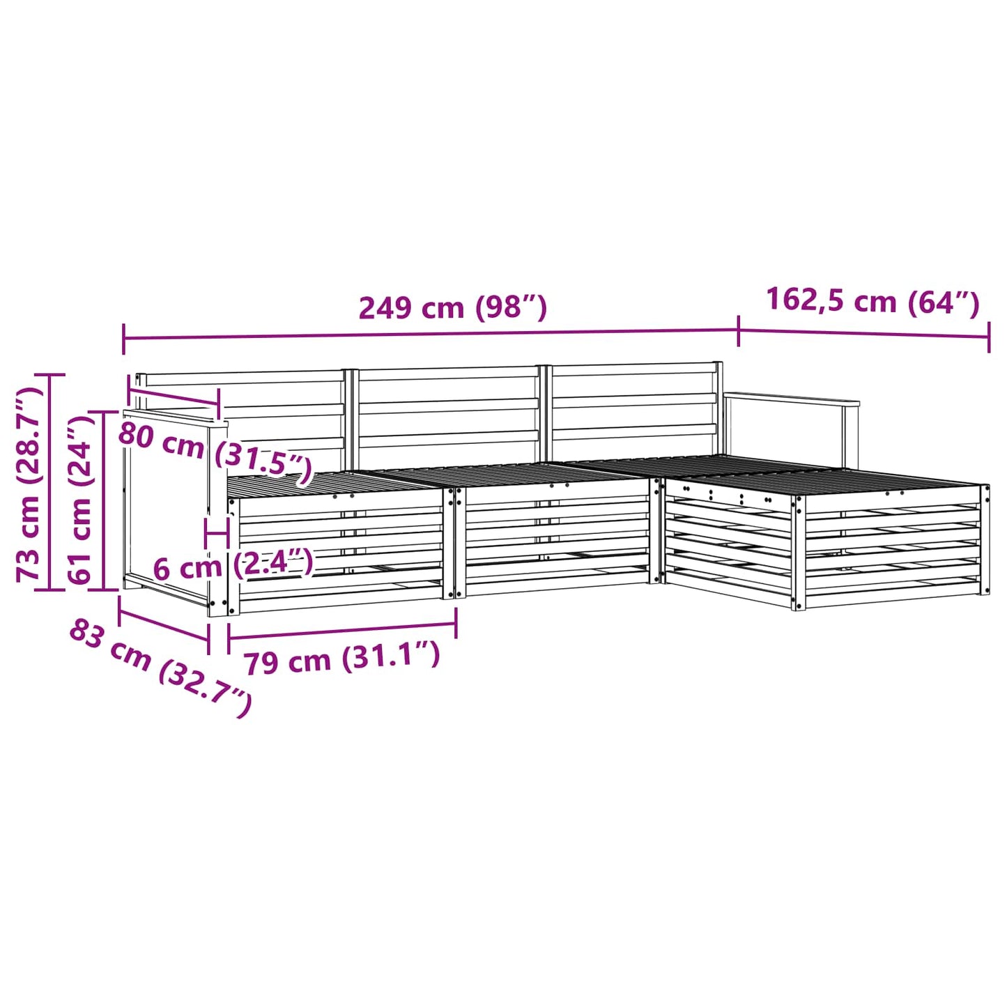 Set di divani da esterno Naturale 249 x 162,5 x 73 cm