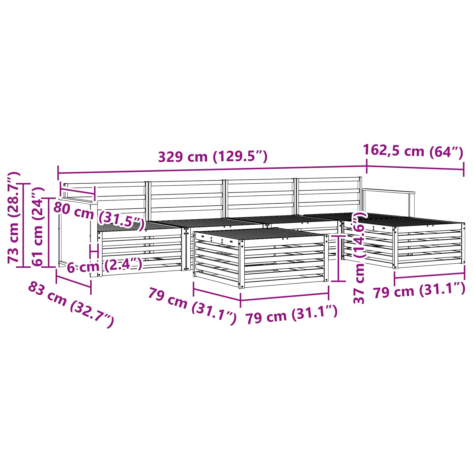 Set di divani da esterno 6 pcs Naturale 79 x 79 x 37 cm | homemem39