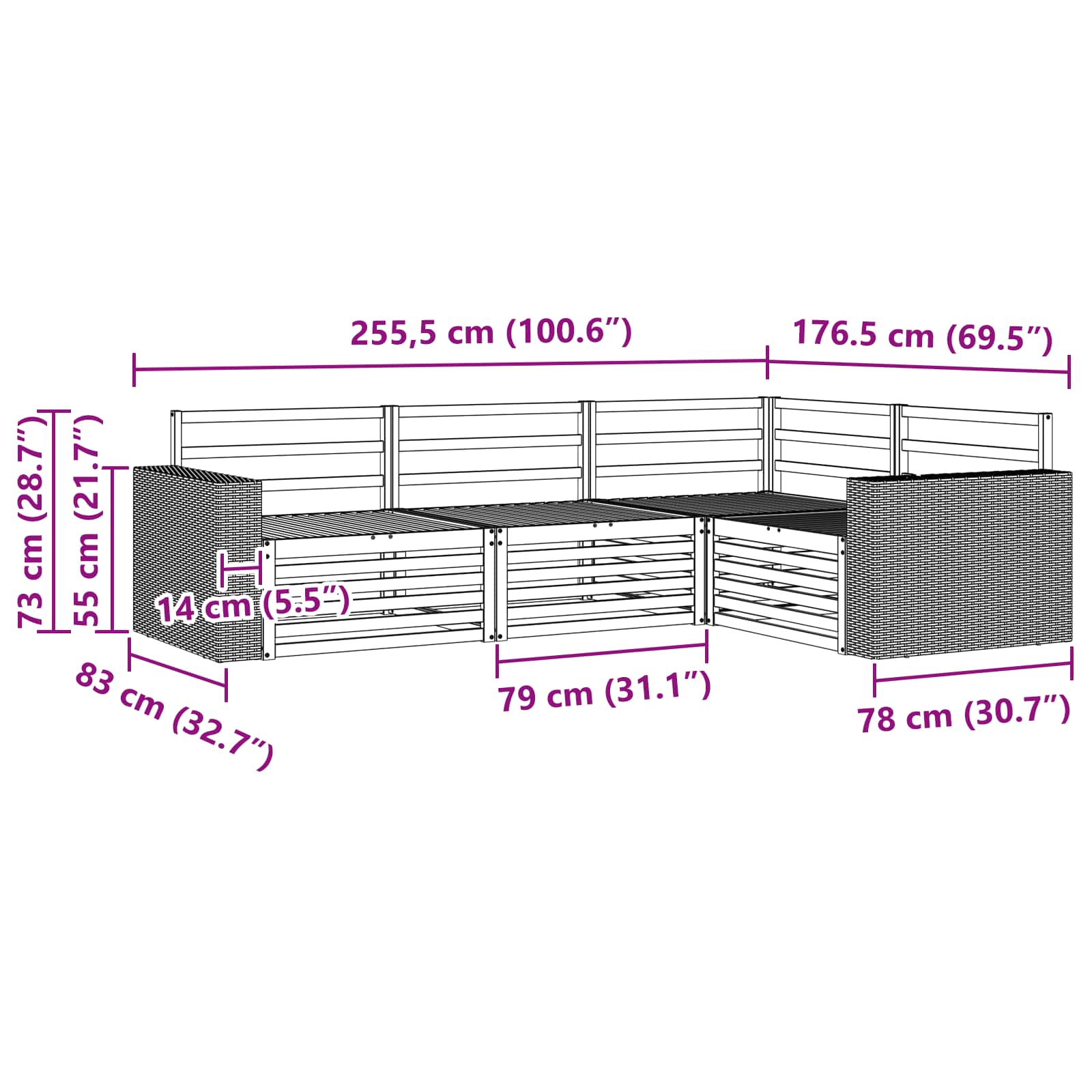 Set di divani da esterno 4 pcs Naturale 255,5 x 176,5 x 73 cm | homemem39