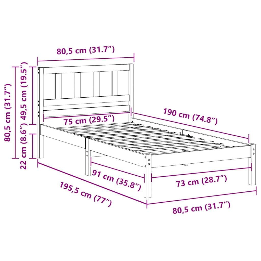 Struttura del letto Marrone cerato 75 x 190 cm Pino massello