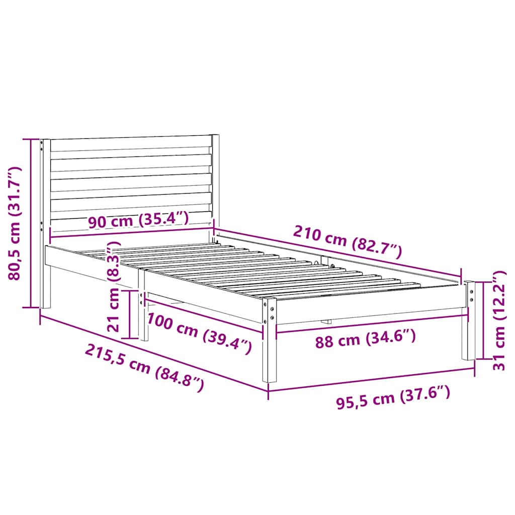 Struttura del letto Bianco 90 x 210 cm Pino massello | homemem39