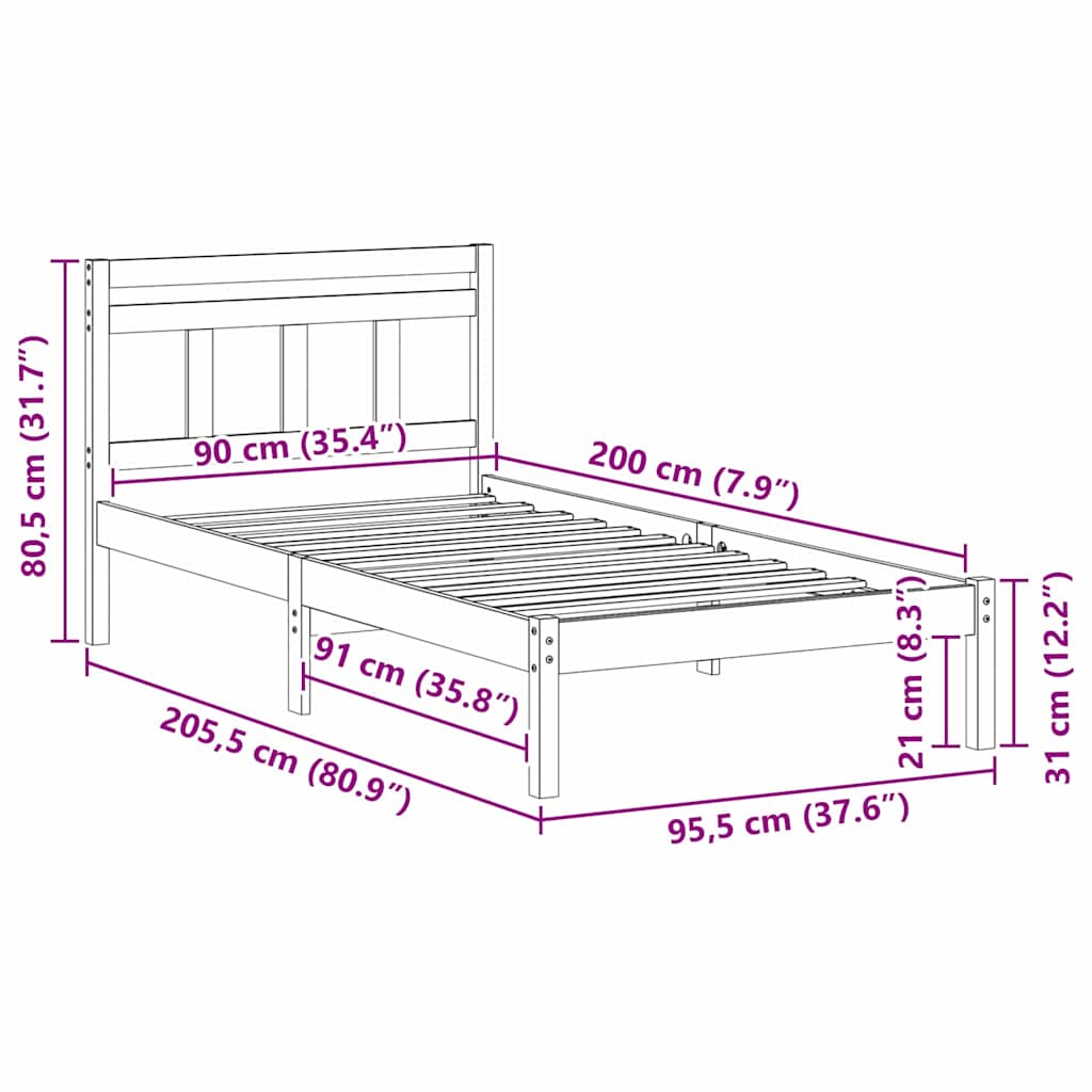 Struttura del letto Marrone 90 x 200 cm Pino massello | homemem39