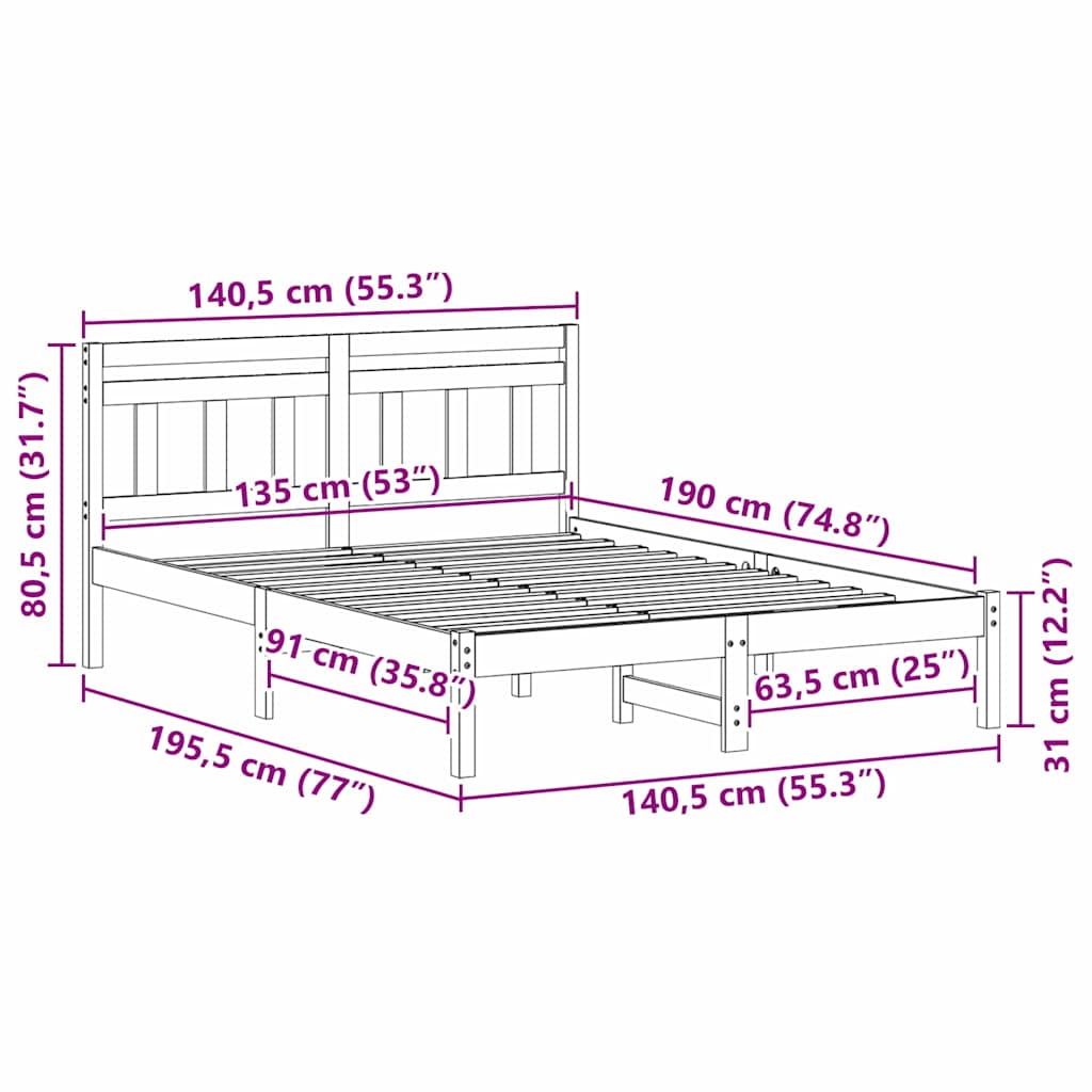 Struttura del letto Bianco 135 x 190 cm Pino massello | homemem39