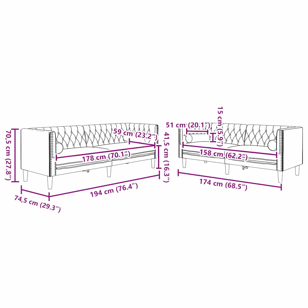 Divano per Soggiorno 2 pcs Grigio chiaro 194 x 74,5 x 70,5 cm | homemem39