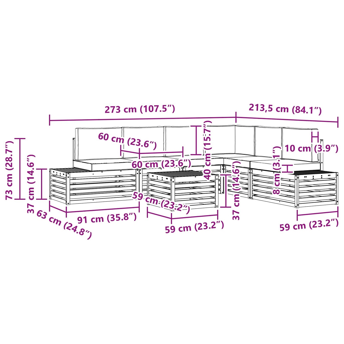 Set di divani da esterno Bianco 59 x 59 x 37 cm Poliestere | homemem39