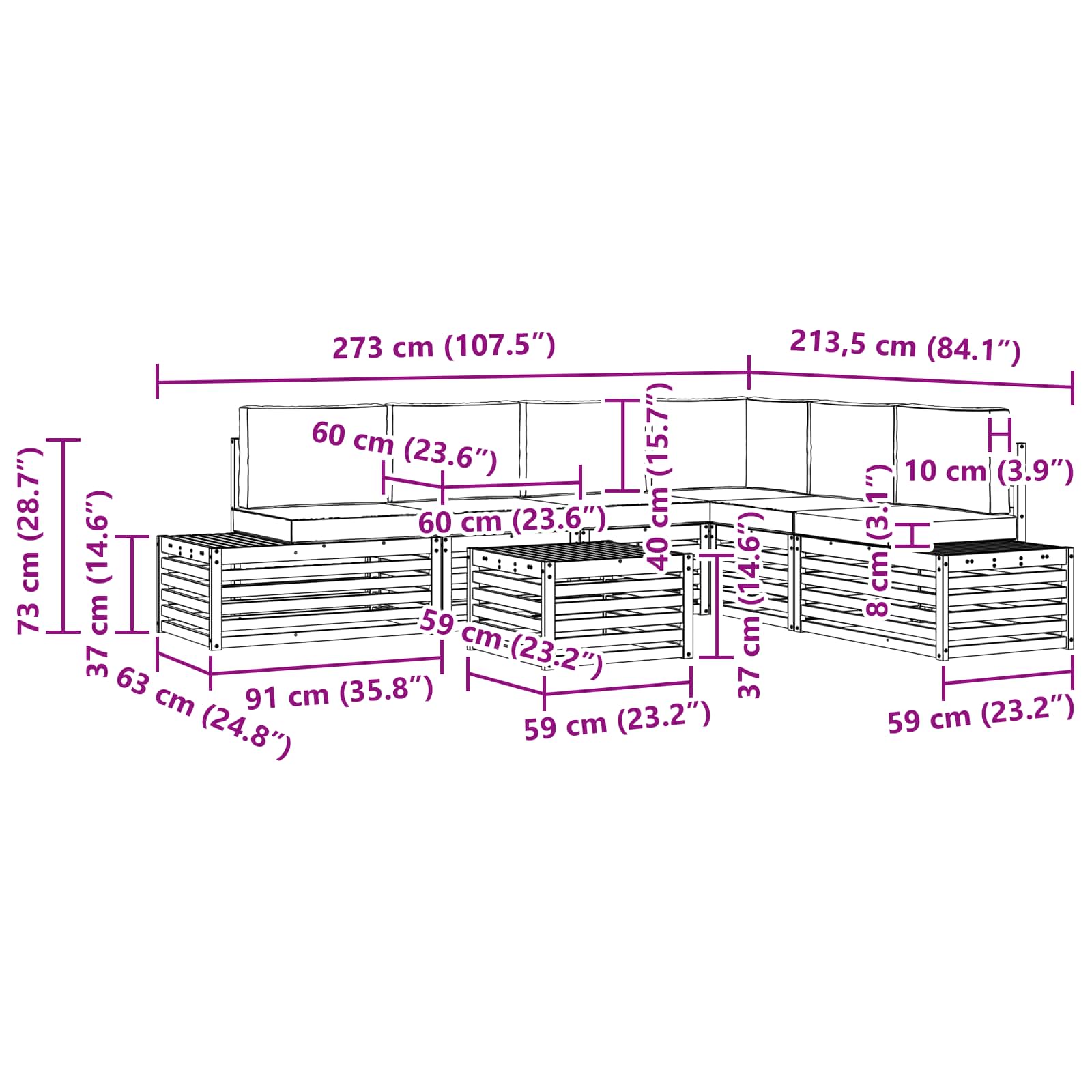 Set di divani da esterno Bianco 59 x 59 x 37 cm Poliestere | homemem39