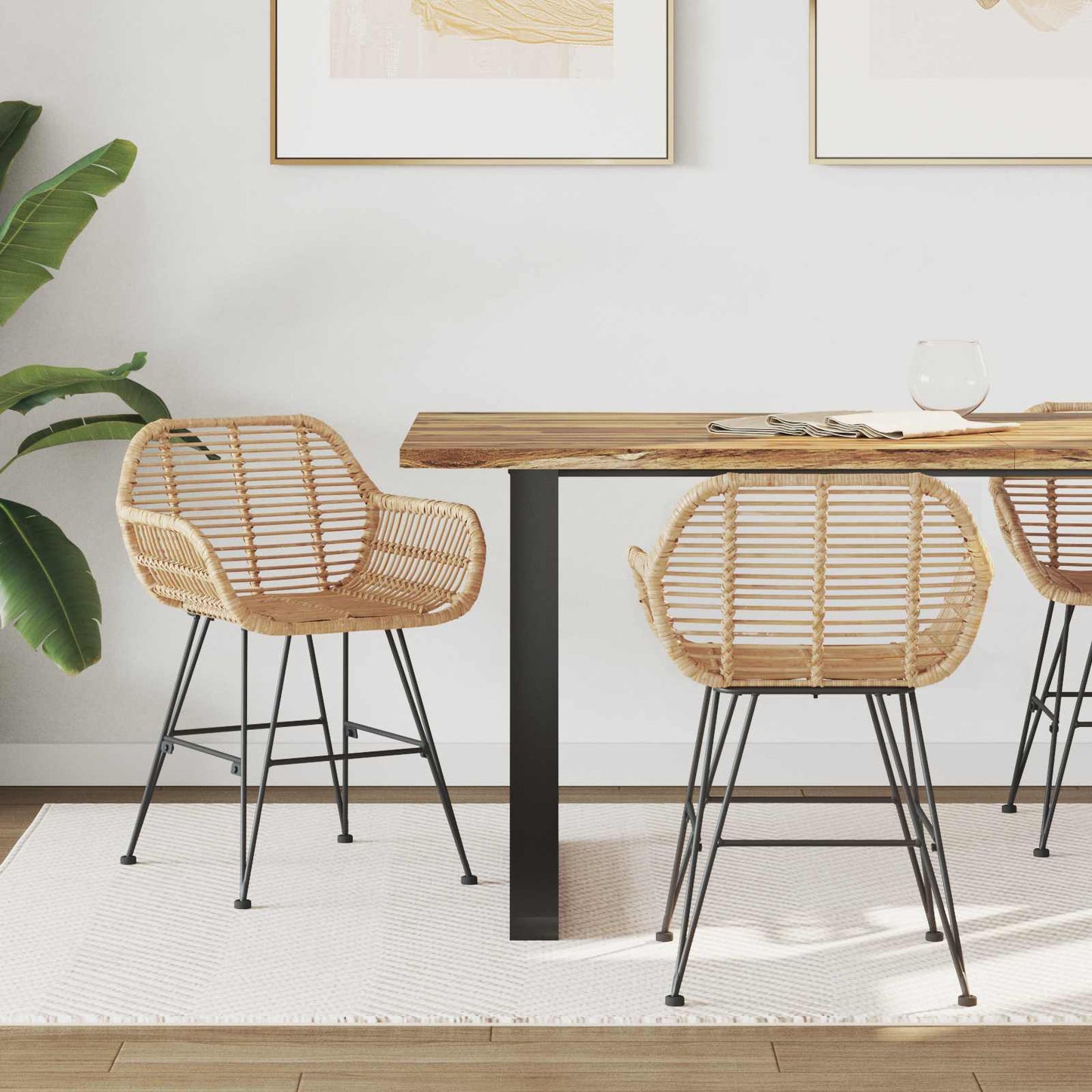 Sedia da pranzo 2 pz Rattan e Ferro Naturale 55 x 50 x 74 cm