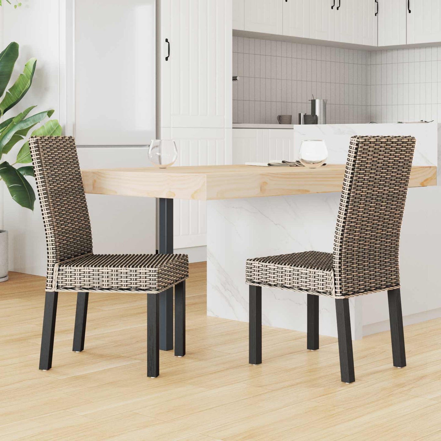Sedia da pranzo 2 pz Rattan Kubu e Legno Massello di Mogano