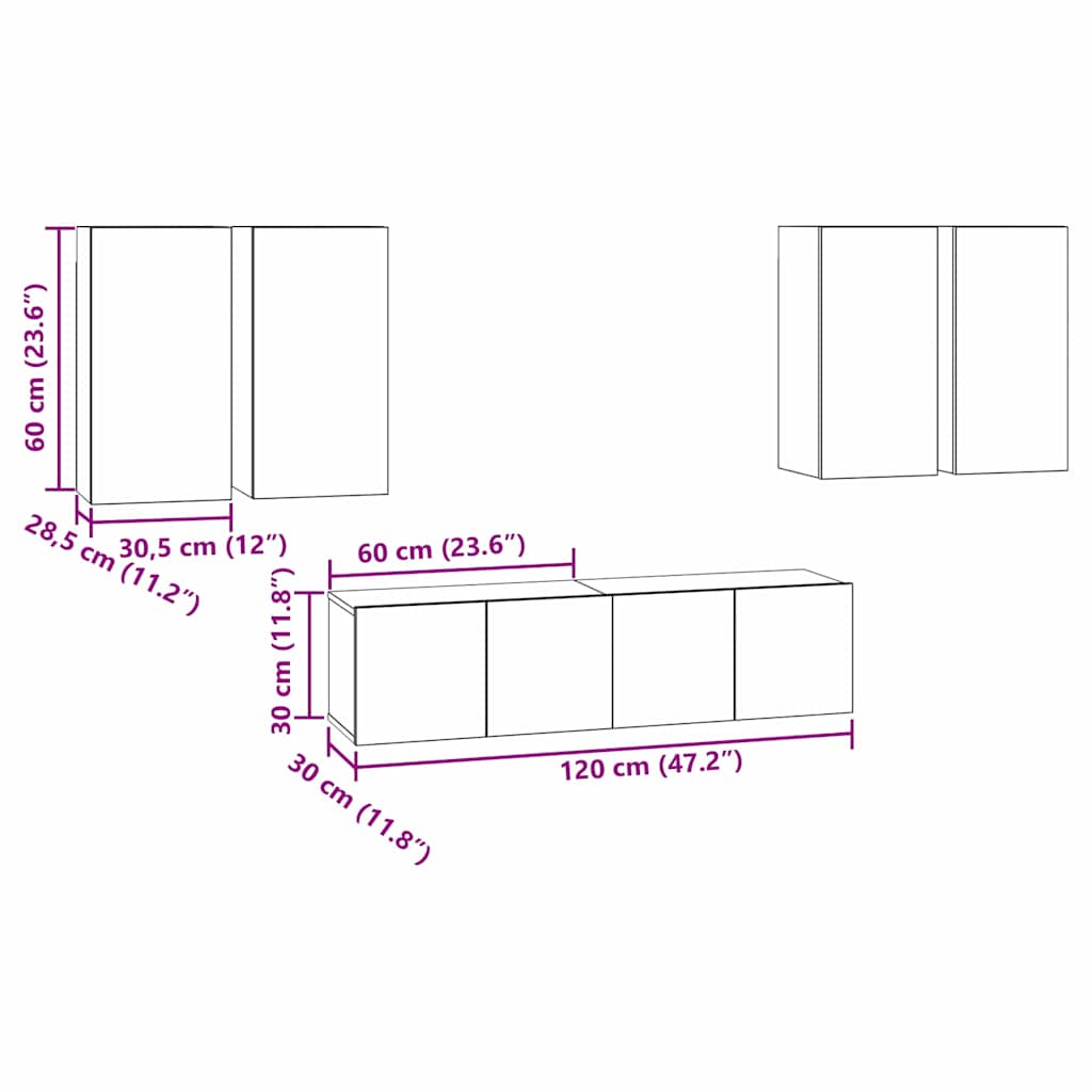 Set mobile TV 6 pcs Rovere nero 60 x 30 x 30 cm