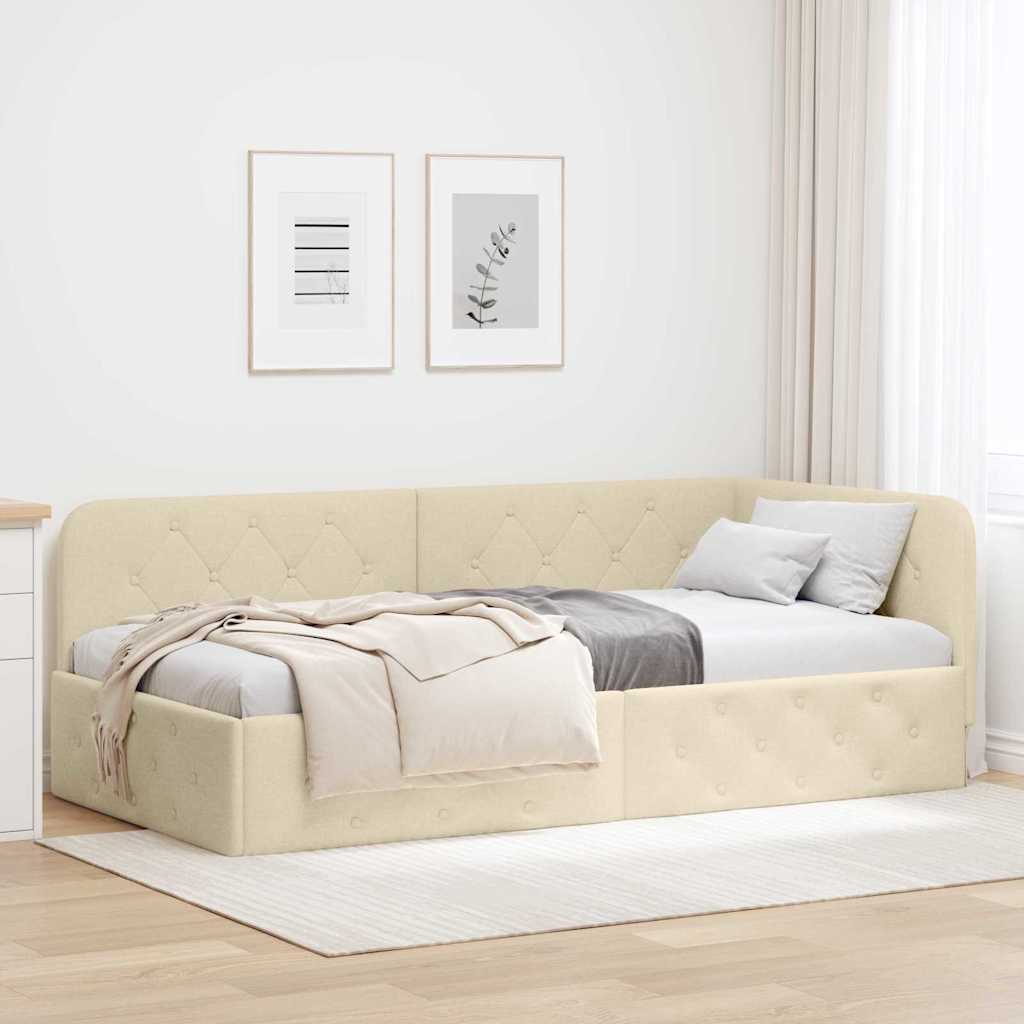 Cornice del letto ad angolo Crema 90 x 190 cm Tessuto | homemem39