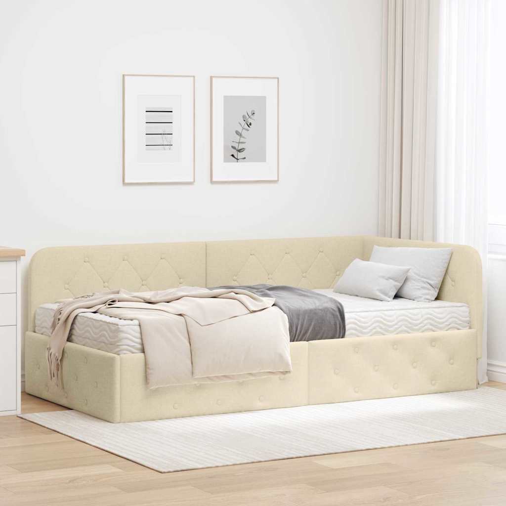Cornice del letto ad angolo Crema 90 x 190 cm Tessuto
