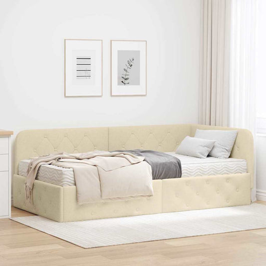 Cornice del letto ad angolo Crema 90 x 200 cm Tessuto | homemem39