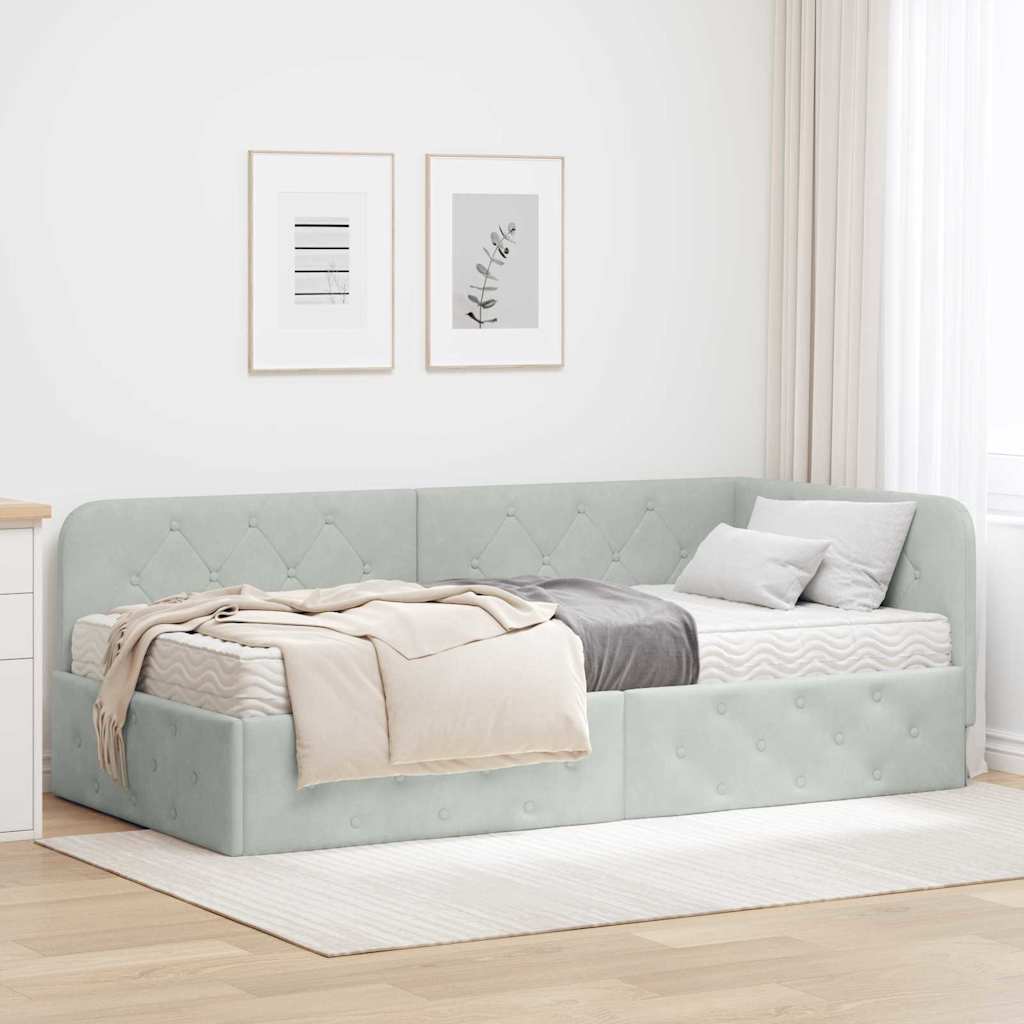 Cornice del letto ad angolo Grigio chiaro 90 x 190 cm Velluto | homemem39