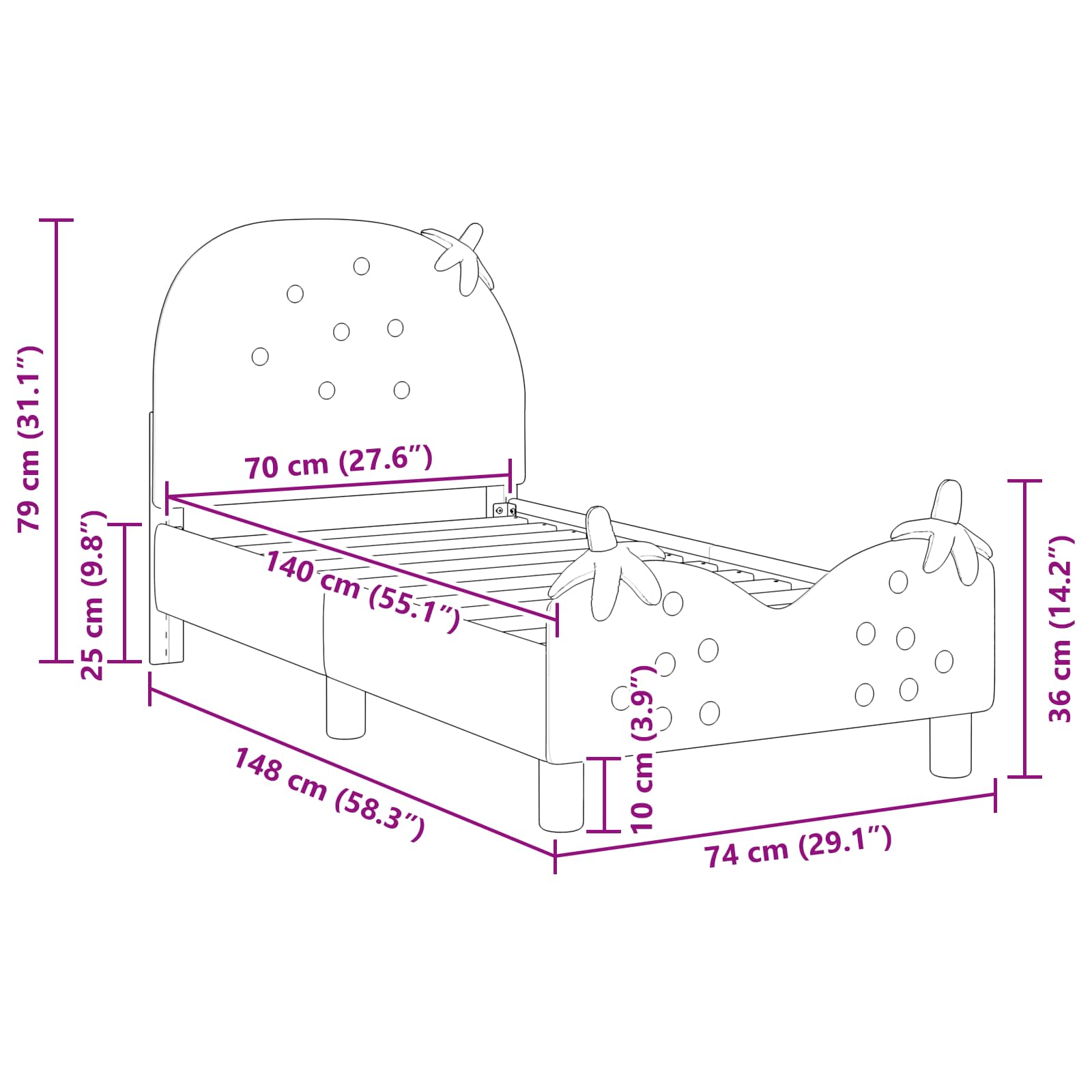 Struttura letto per bambini con testata Rosa 70 x 140 cm | homemem39