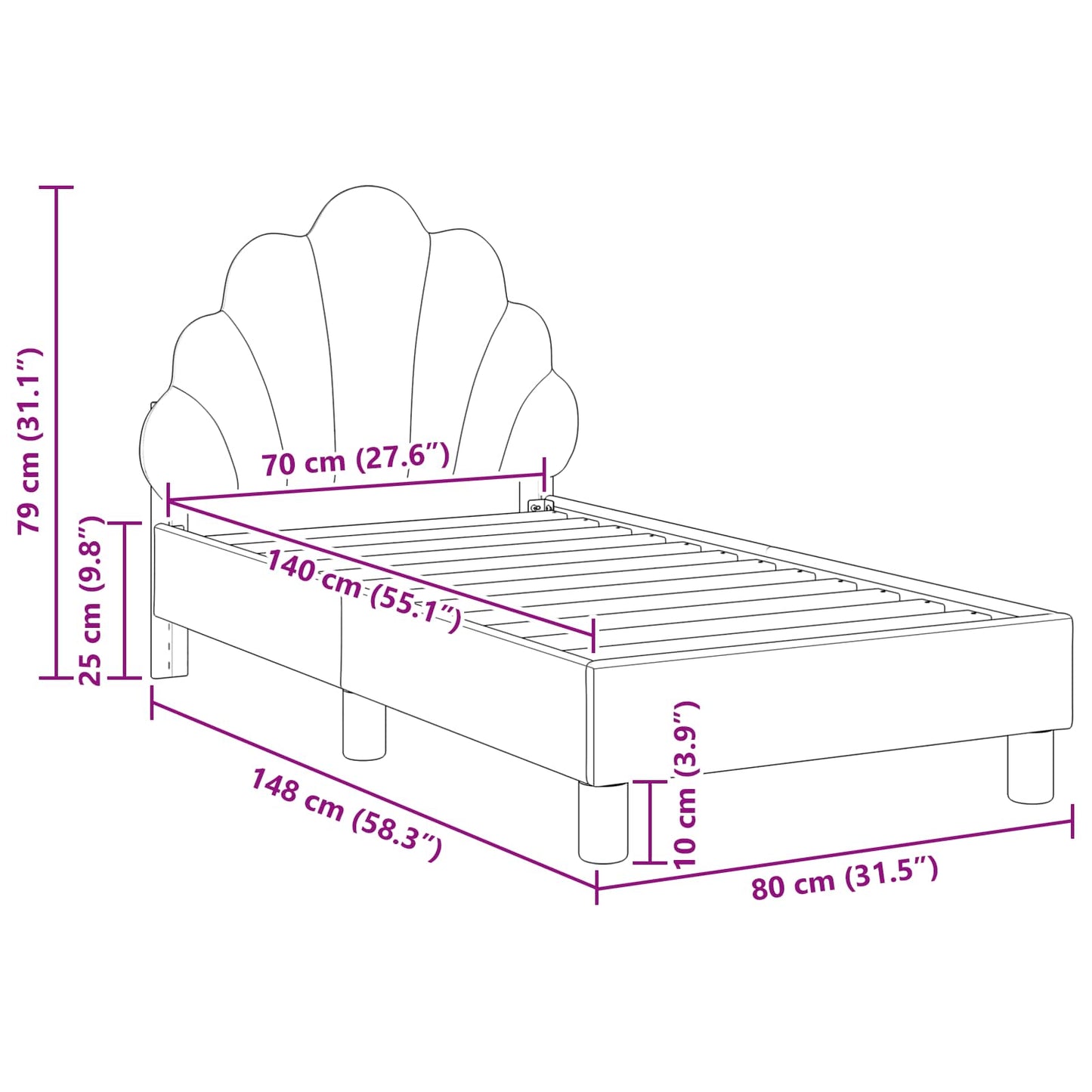 Struttura letto per bambini con testata Rosa 70 x 140 cm