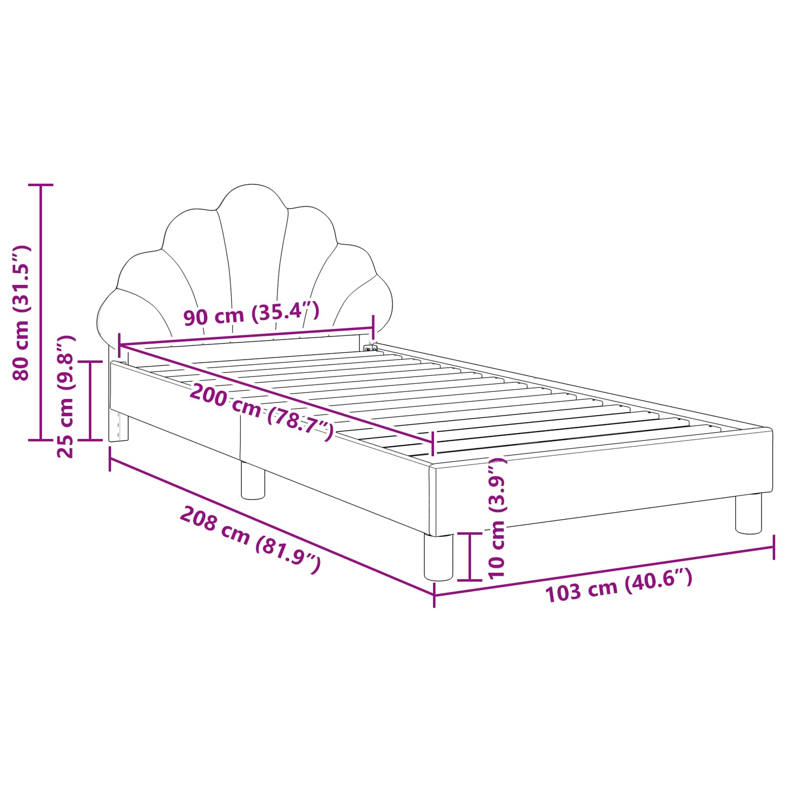 Struttura letto bambini con testata Nero 90 x 200 cm Velluto | homemem39