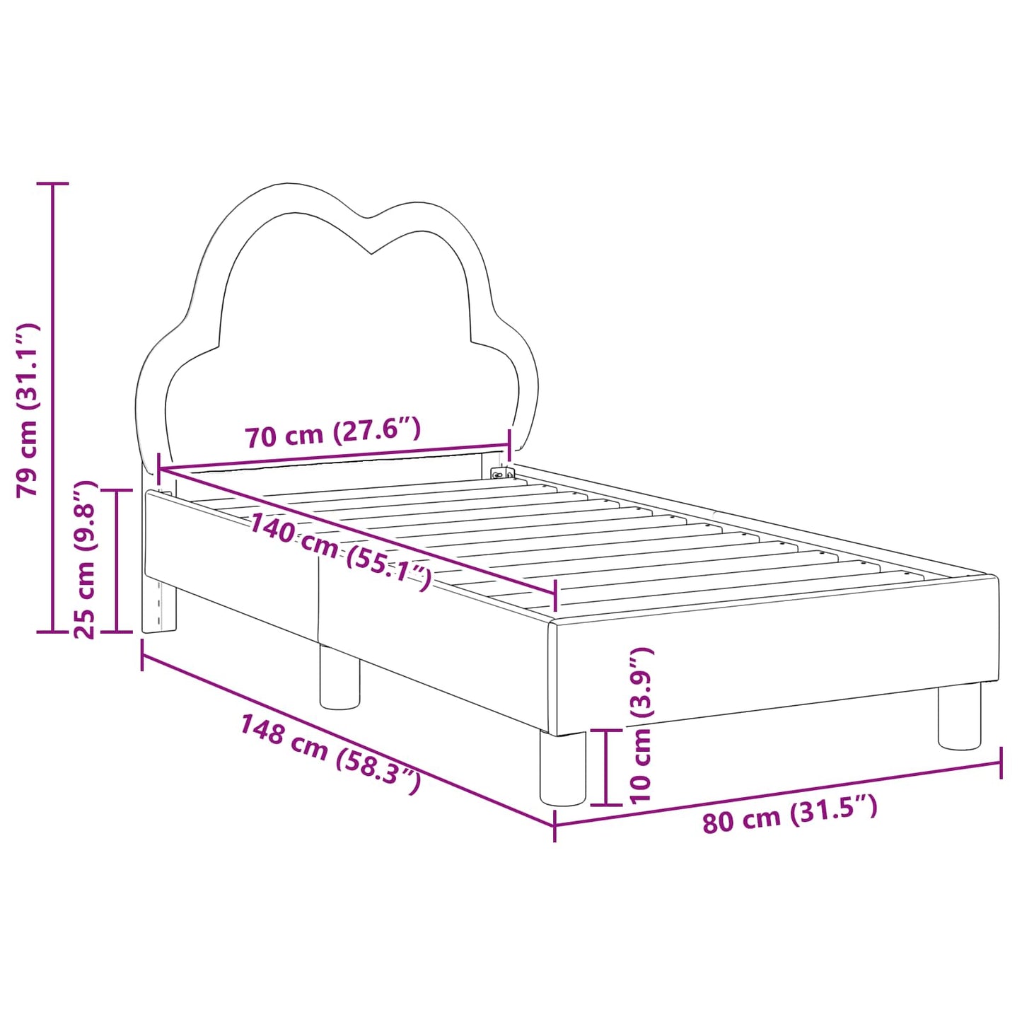 Struttura letto per bambini con testata Nero 70 x 140 cm PU