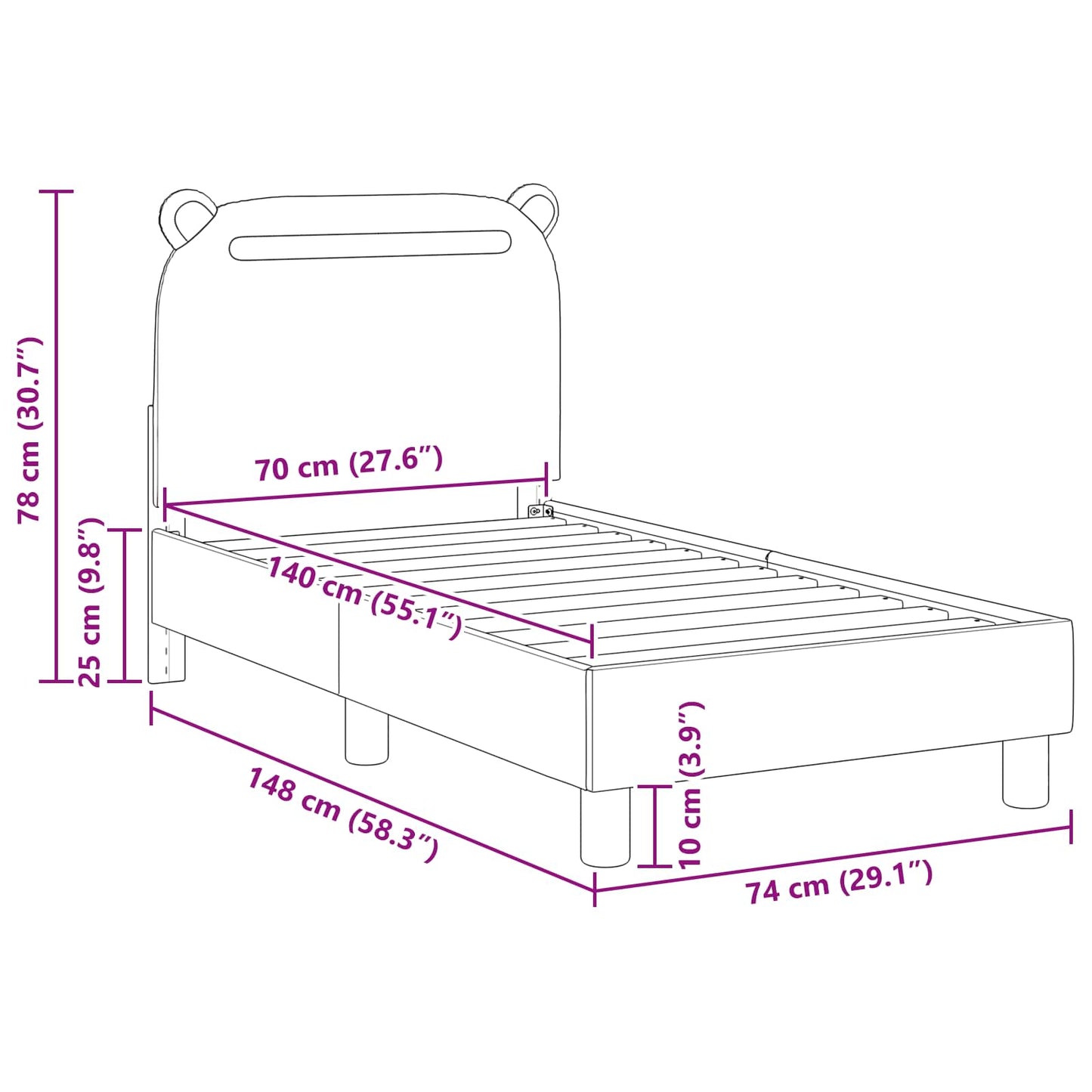 Struttura letto per bambini con testata Rosa 70 x 140 cm