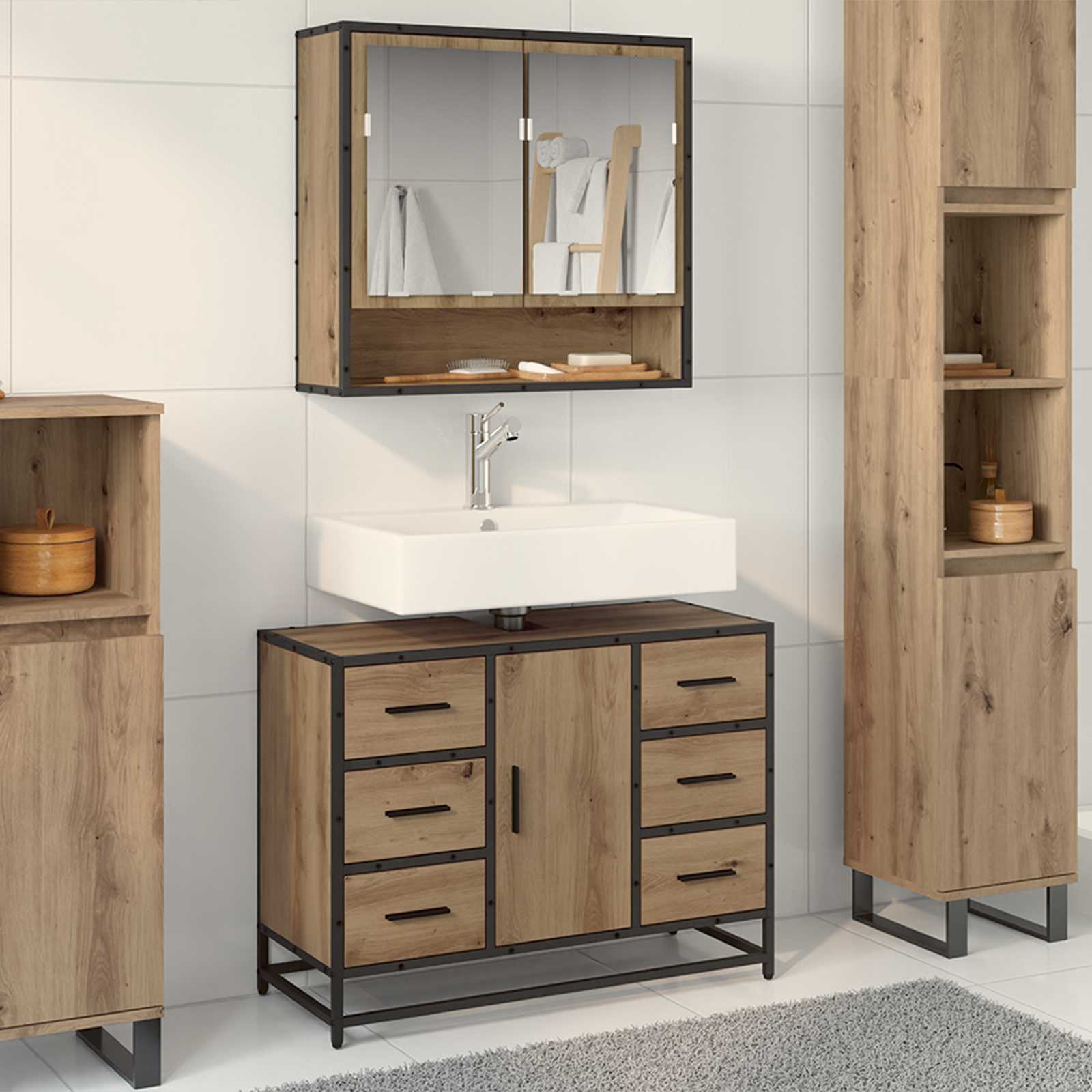 Mobile da Bagno con cassetto Rovere artigianale 80 x 33 x 60 cm | homemem39