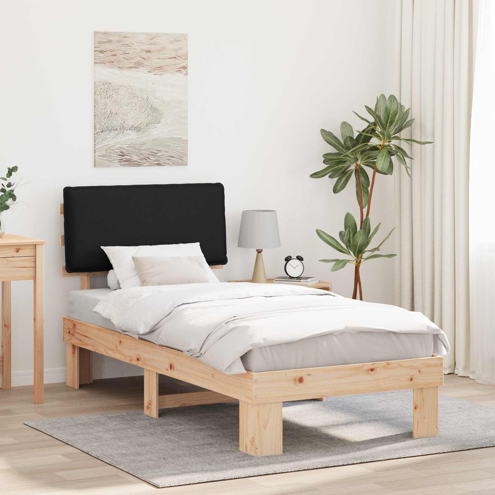 Letto con Testiera Rivestita Nero 90 x 190 cm Pino massello | homemem39