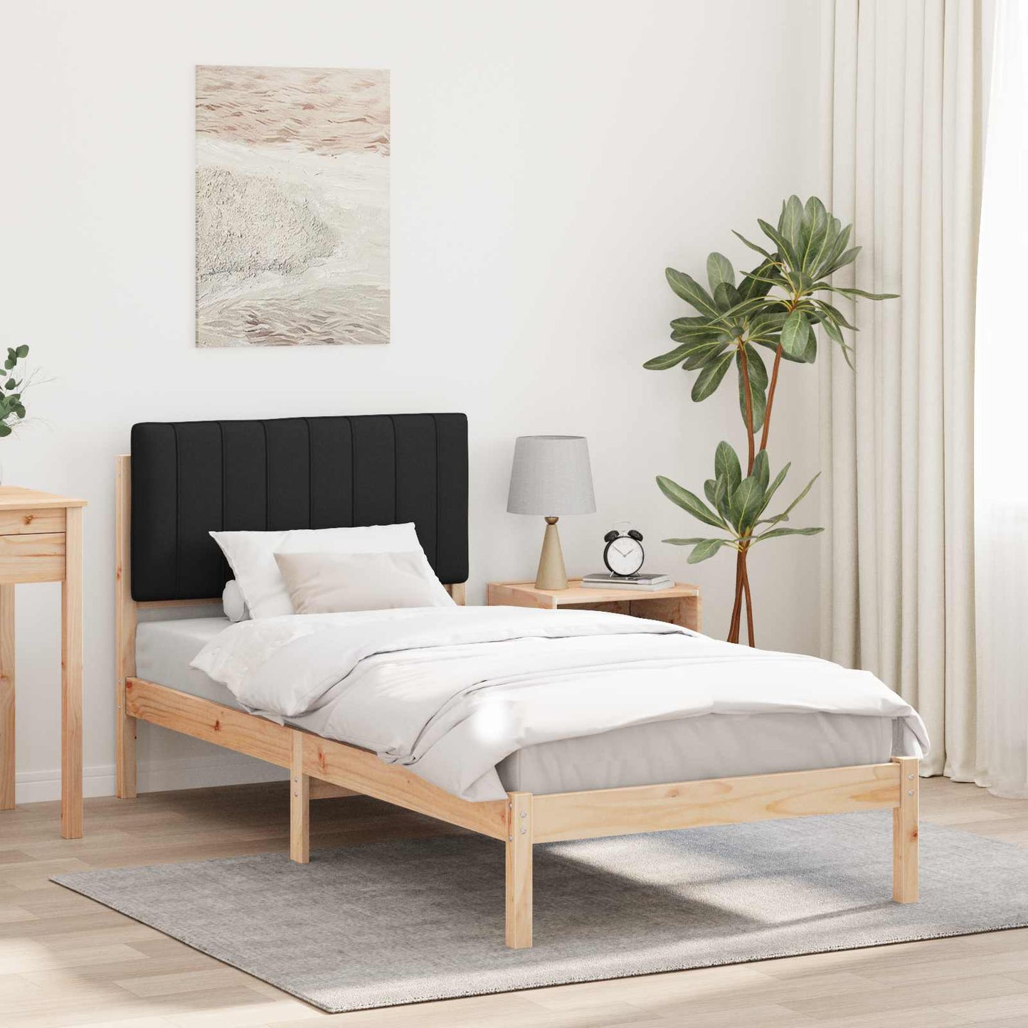 Letto con Testiera Rivestita Naturale e Nero 90 x 200 cm
