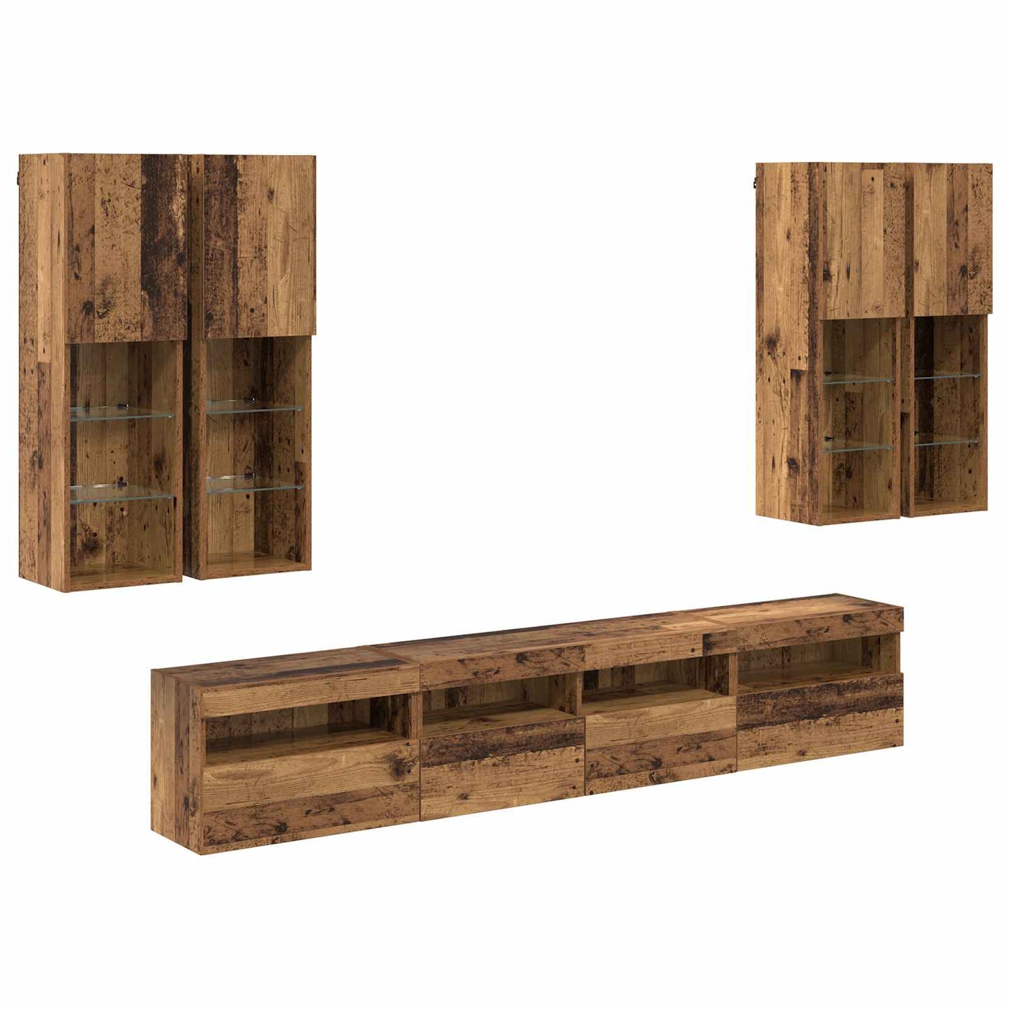 Set Mobile TV a Muro con Luci LED 7 pcs Legno vecchio