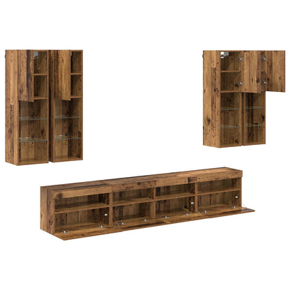 Set Mobile TV a Muro con Luci LED 7 pcs Legno vecchio