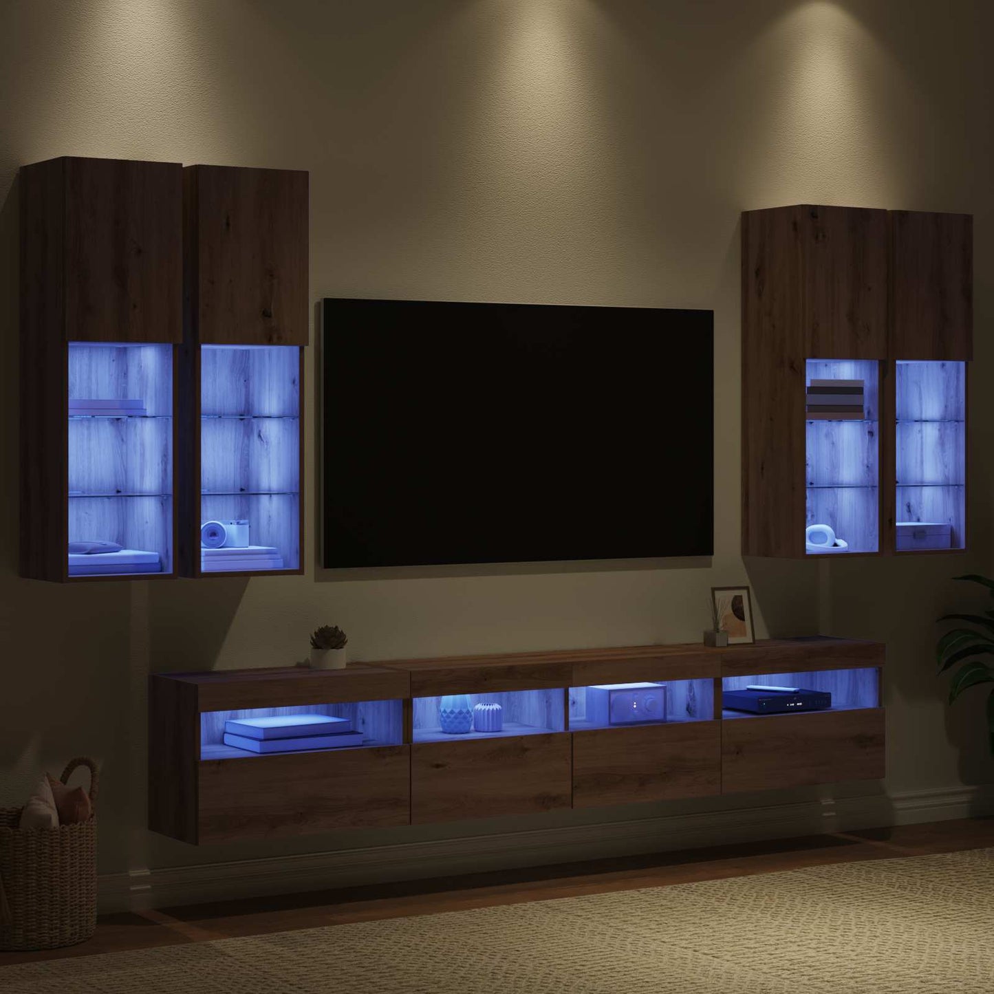 Set Mobile TV a Muro con Luci LED 7 pcs rovere artigianale