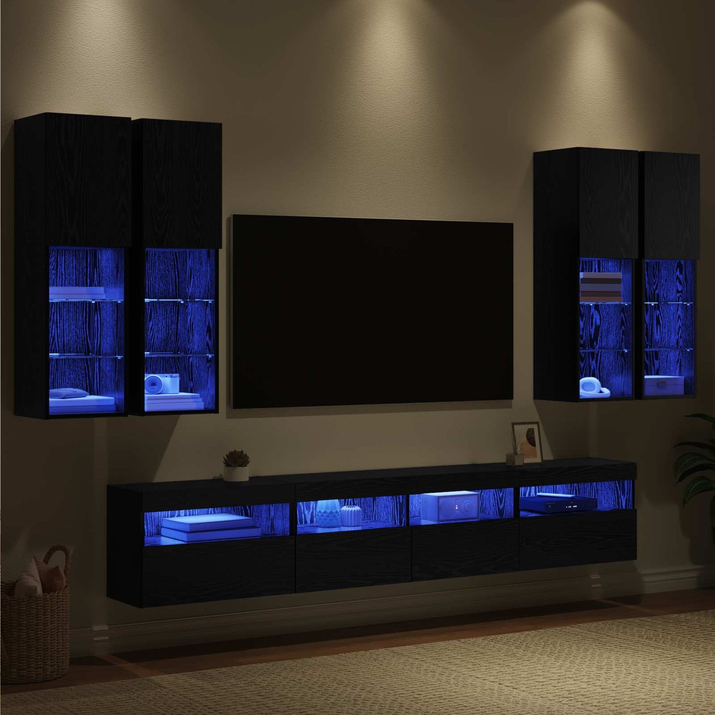 Set Mobile TV a Muro con Luci LED 7 pcs Rovere Nero
