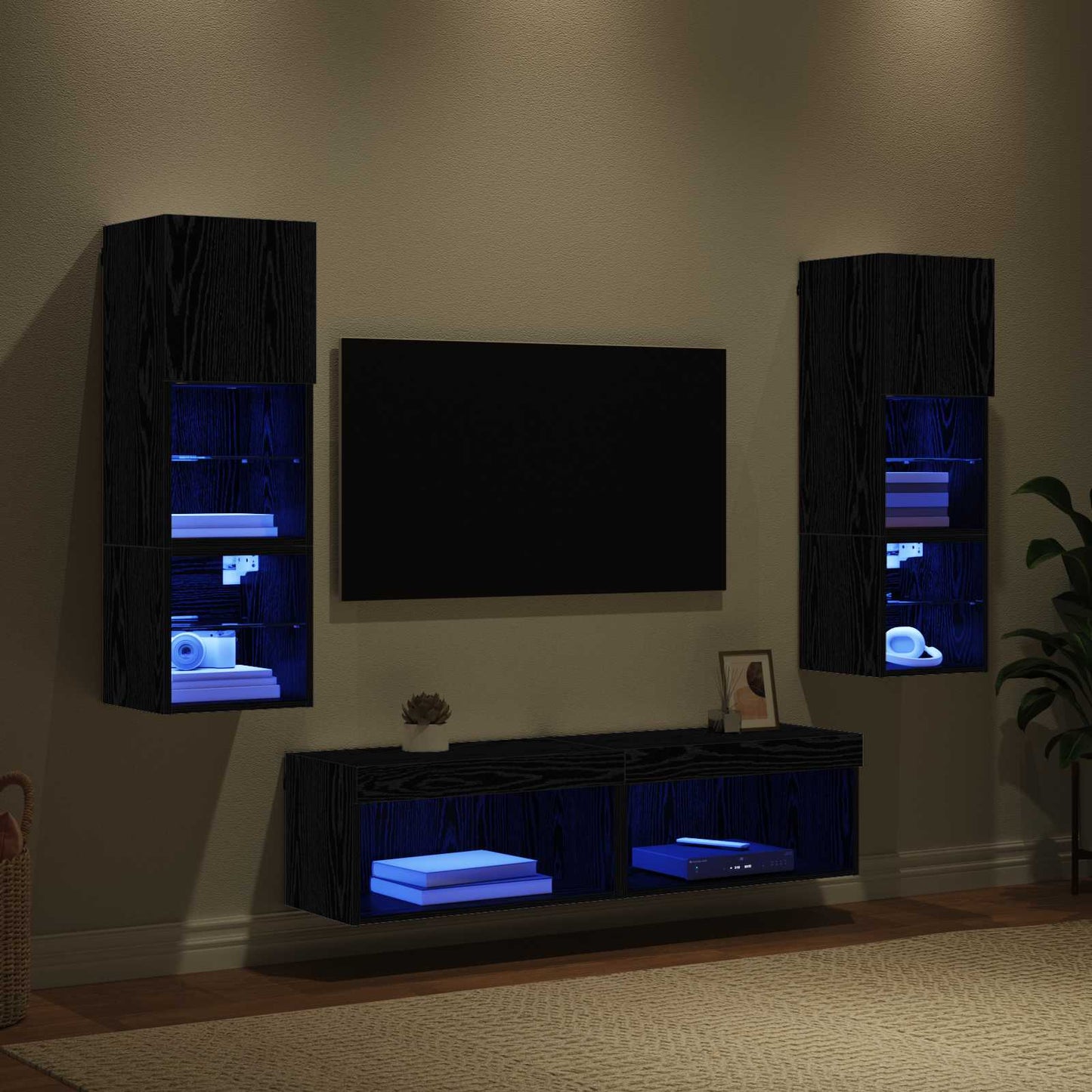 Unità TV da Parete 6 pcs Rovere Nero Legno multistrato