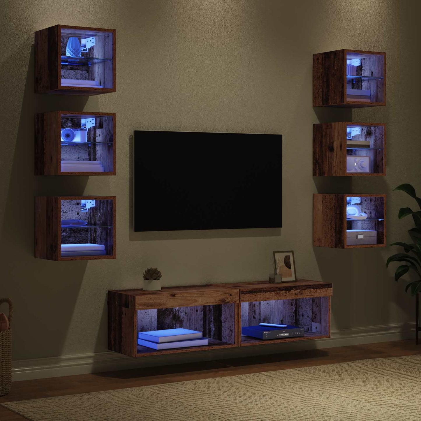 Mobile TV con luci a strisce a LED 8 pcs Legno vecchio Vetro