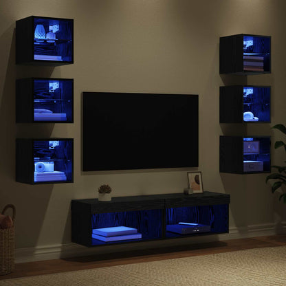Mobile TV con luci a strisce a LED 8 pcs Rovere Nero Vetro