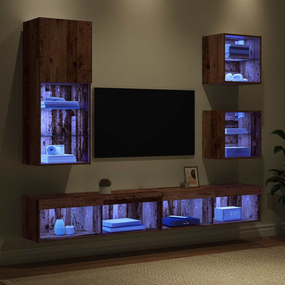 Unità a muro per TV con LED 5 pcs Legno vecchio Legno multistrato