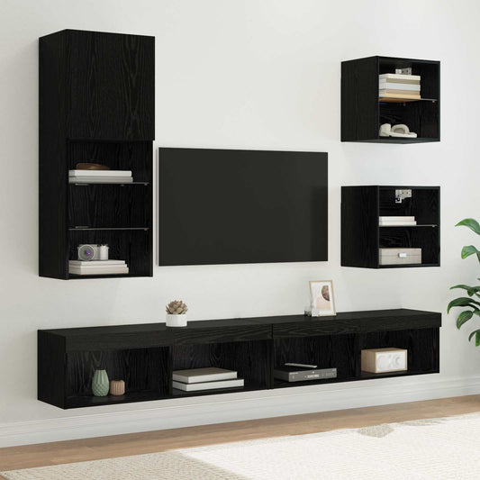 Unità a muro per TV con LED 5 pcs Rovere Nero Legno multistrato